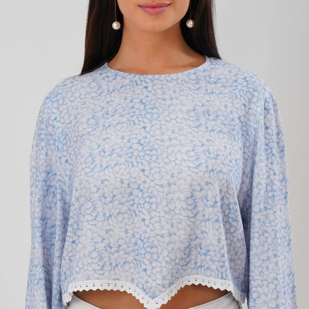 Bloom Bell Sleeve Crop Top (Blue)