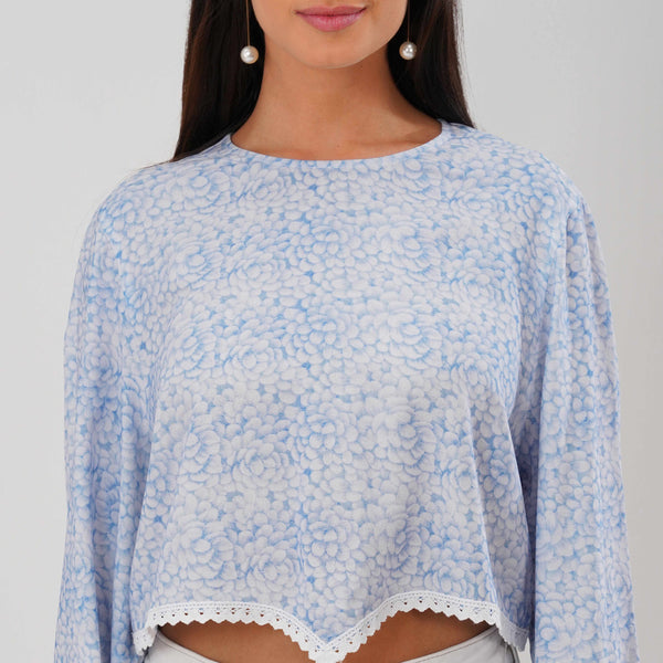 Bloom Bell Sleeve Crop Top (Blue)
