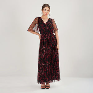 Burgundy Floral Mesh Maxi Dress