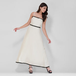 Wave Trim Spaghetti Maxi Dress (White)