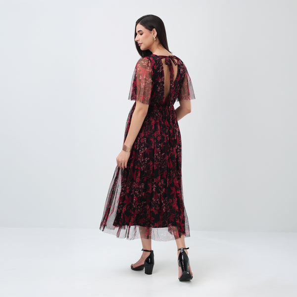 Burgundy Floral Mesh Maxi Dress