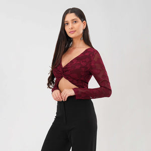 Burnout Mesh Twist Front Crop Top (Burgundy)