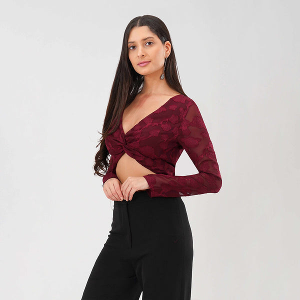 Burnout Mesh Twist Front Crop Top (Burgundy)