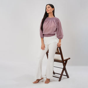 Smocked Neckline Georgette Blouse (Mauve)