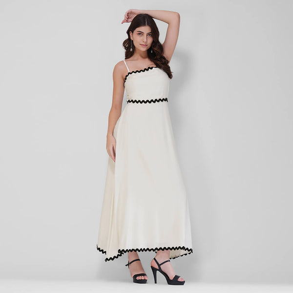 Wave Trim Spaghetti Maxi Dress (White)