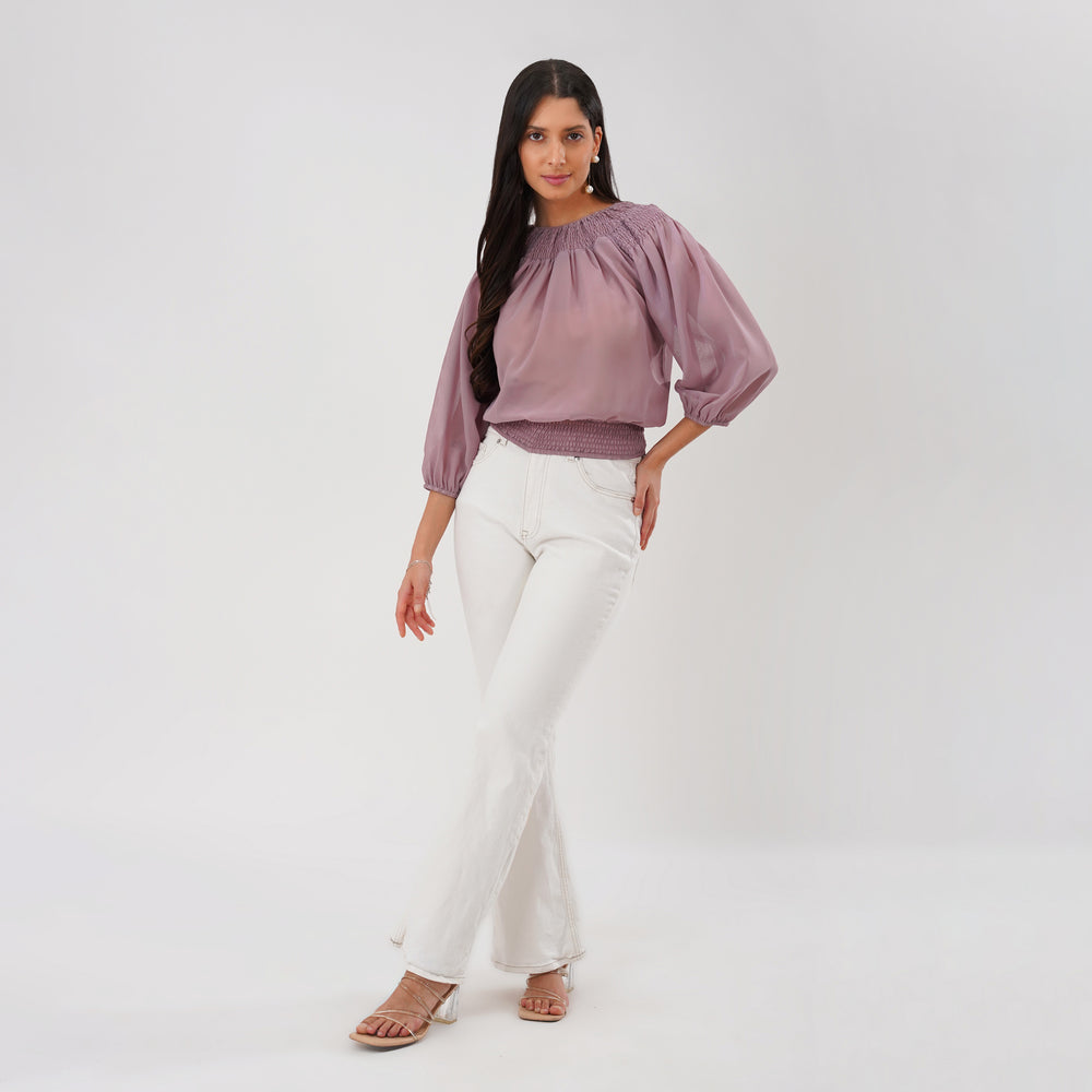 Smocked Neckline Georgette Blouse (Mauve)