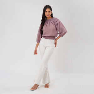 Smocked Neckline Georgette Blouse (Mauve)