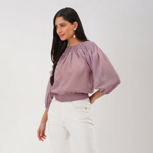 Smocked Neckline Georgette Blouse (Mauve)