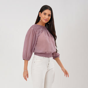 Smocked Neckline Georgette Blouse (Mauve)
