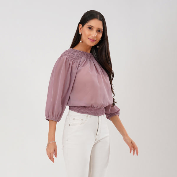 Smocked Neckline Georgette Blouse (Mauve)