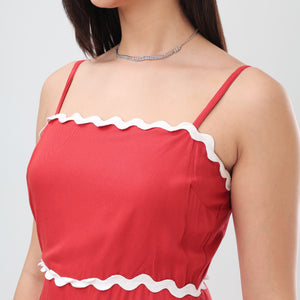 Wave Trim Spaghetti Maxi Dress (Red)