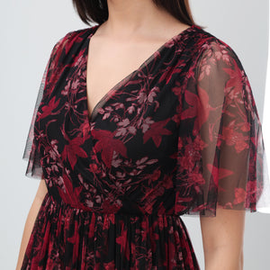 Burgundy Floral Mesh Maxi Dress
