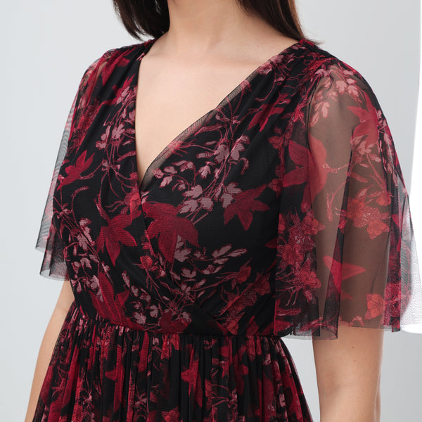 Burgundy Floral Mesh Maxi Dress