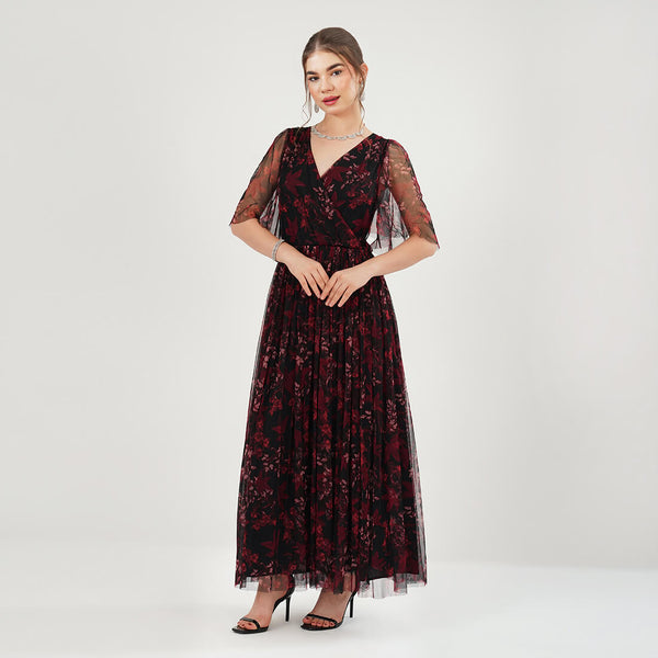 Burgundy Floral Mesh Maxi Dress