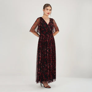 Burgundy Floral Mesh Maxi Dress