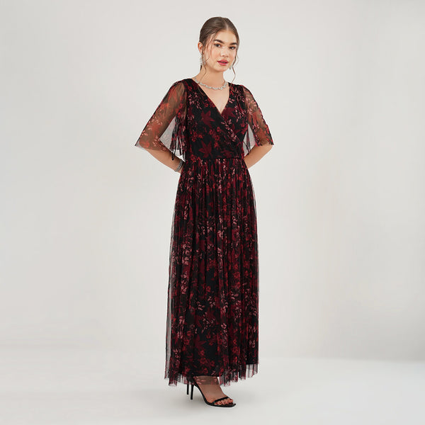 Burgundy Floral Mesh Maxi Dress