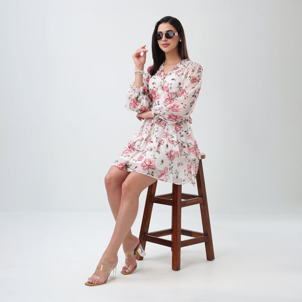 Rosy Bloom ruffle mini Dress