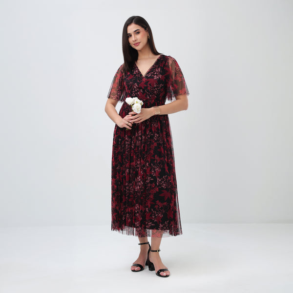 Burgundy Floral Mesh Maxi Dress