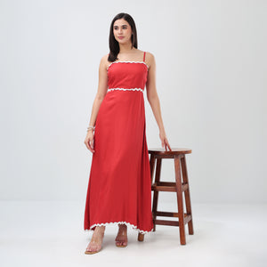 Wave Trim Spaghetti Maxi Dress (Red)