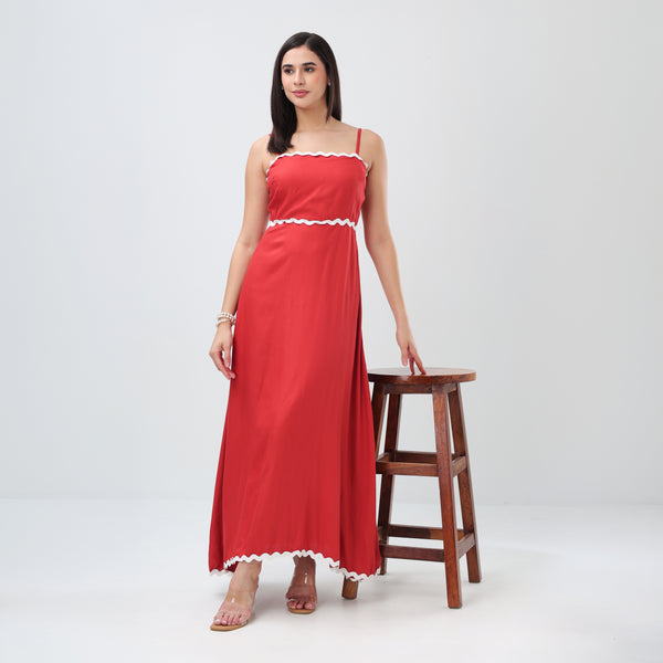 Wave Trim Spaghetti Maxi Dress (Red)