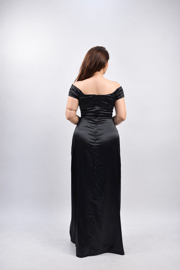 Midnight Elegance Off-Shoulder Satin Slit Gown