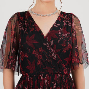 Burgundy Floral Mesh Maxi Dress