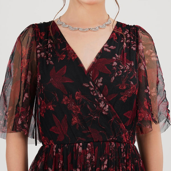 Burgundy Floral Mesh Maxi Dress