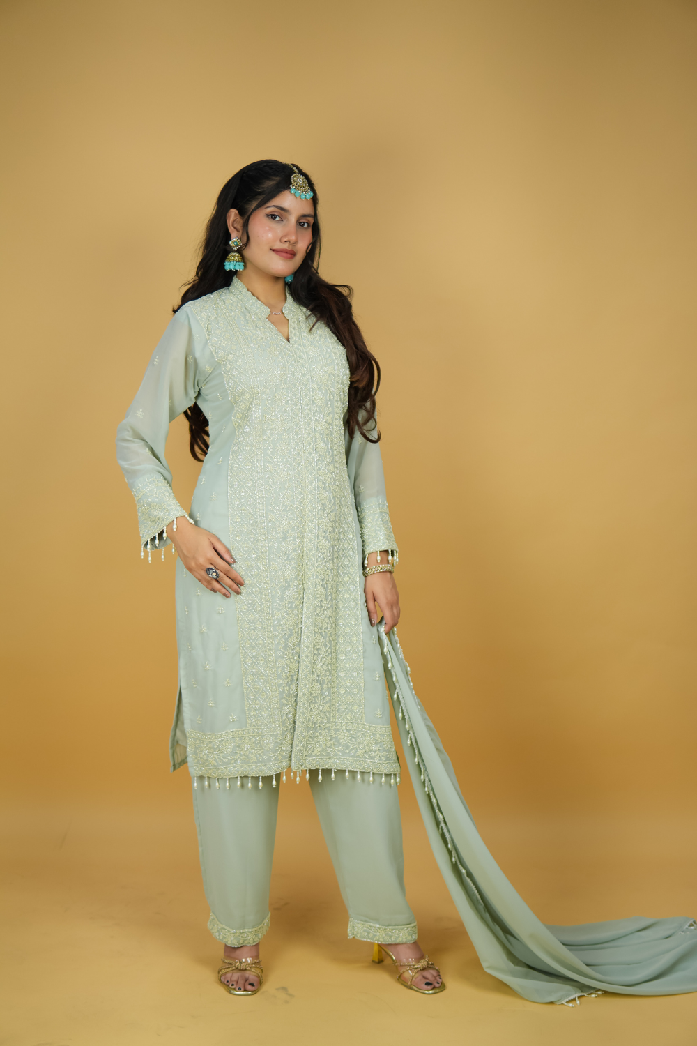 Seher - Sage Green Chikankari Suit with Pearl-Tassel Dupatta