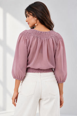Smocked Neckline Georgette Blouse (Mauve)