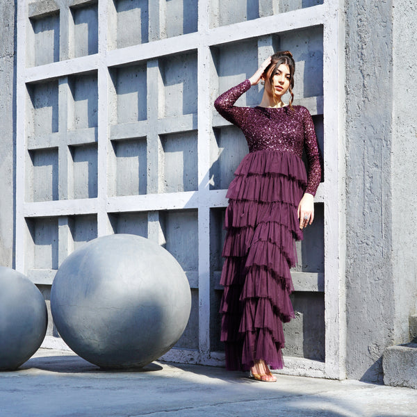 Wine Ruffle Elegance Gown