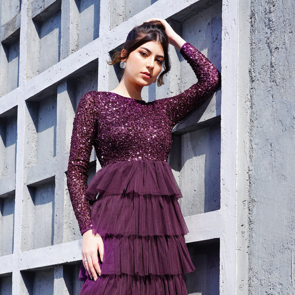 Wine Ruffle Elegance Gown