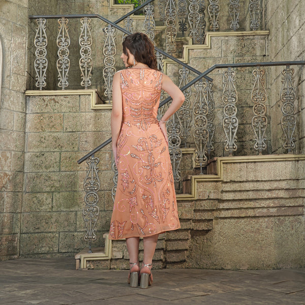 Peach Glow Embellished Midi Dress