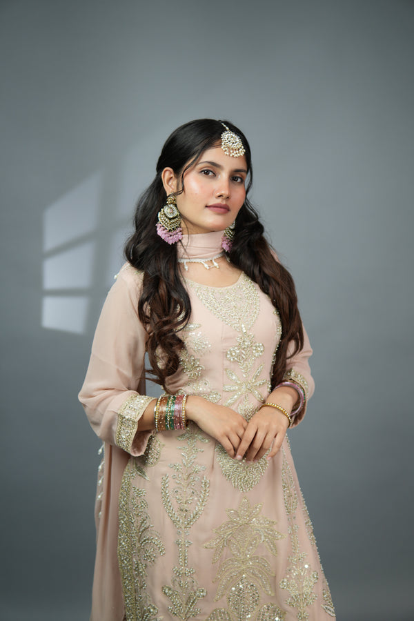Gulnoor - Blush Pink Heavy Zardozi Suit with Gold Embellishment