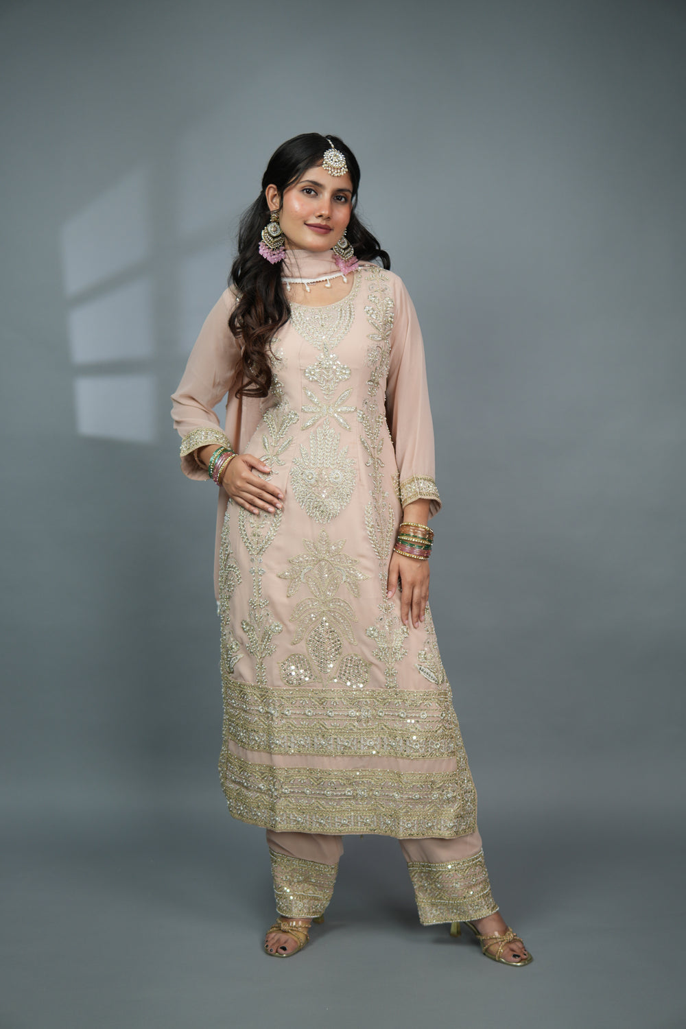Gulnoor - Blush Pink Heavy Zardozi Suit with Gold Embellishment