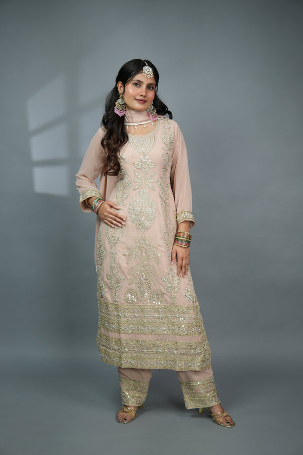 Gulnoor - Blush Pink Heavy Zardozi Suit with Gold Embellishment