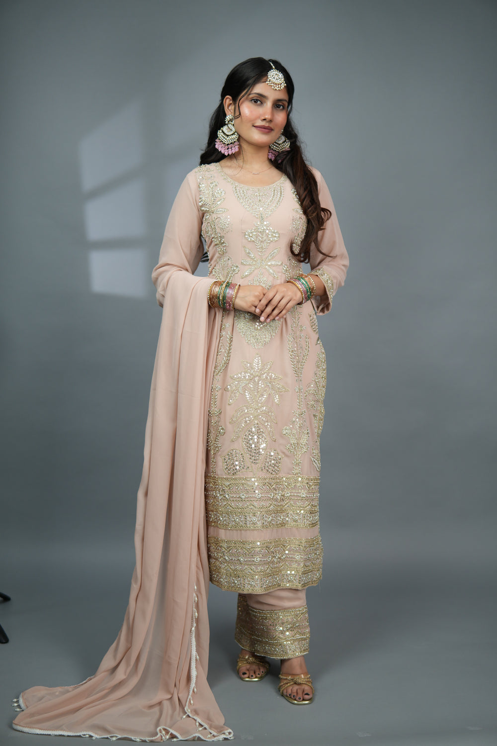 Gulnoor - Blush Pink Heavy Zardozi Suit with Gold Embellishment