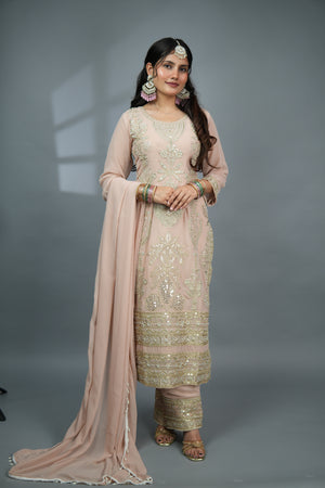 Gulnoor - Blush Pink Heavy Zardozi Suit with Gold Embellishment