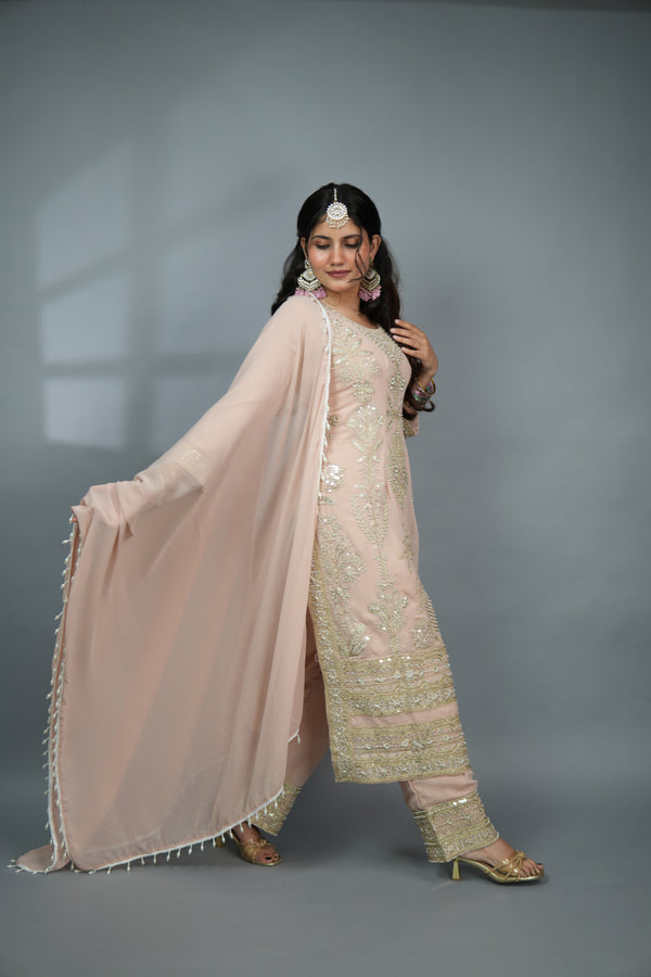 Gulnoor - Blush Pink Heavy Zardozi Suit with Gold Embellishment
