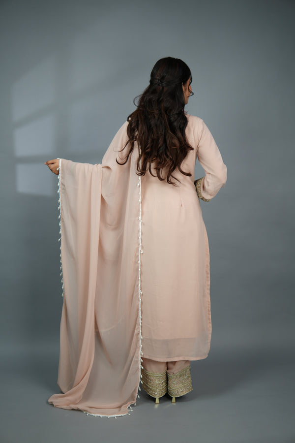 Gulnoor - Blush Pink Heavy Zardozi Suit with Gold Embellishment