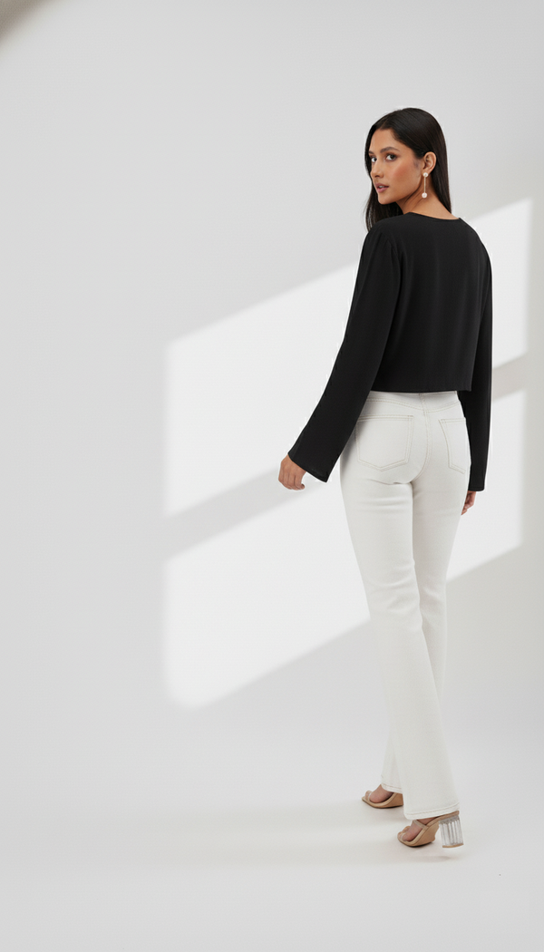 Bloom Bell Sleeve Crop Top (Black)