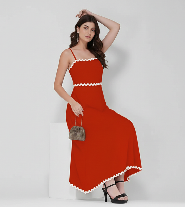 Wave Trim Spaghetti Maxi Dress (Red)