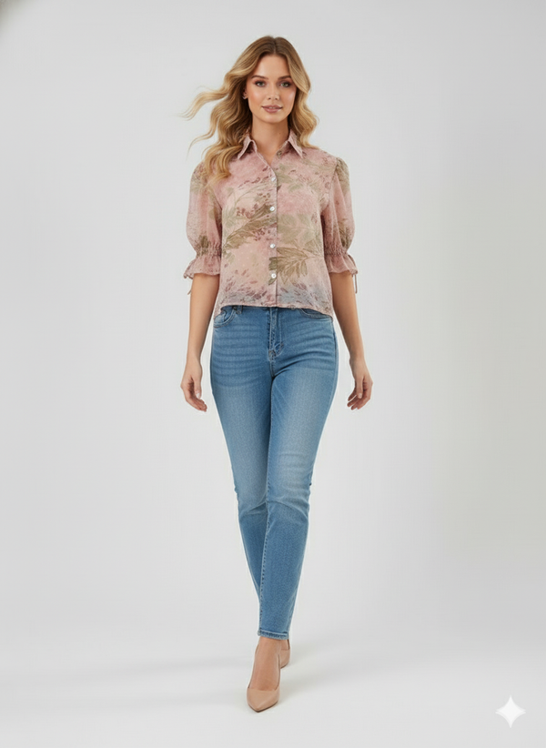 Multicolor Floral Puff Sleeve Shirt (Pastel Floral)