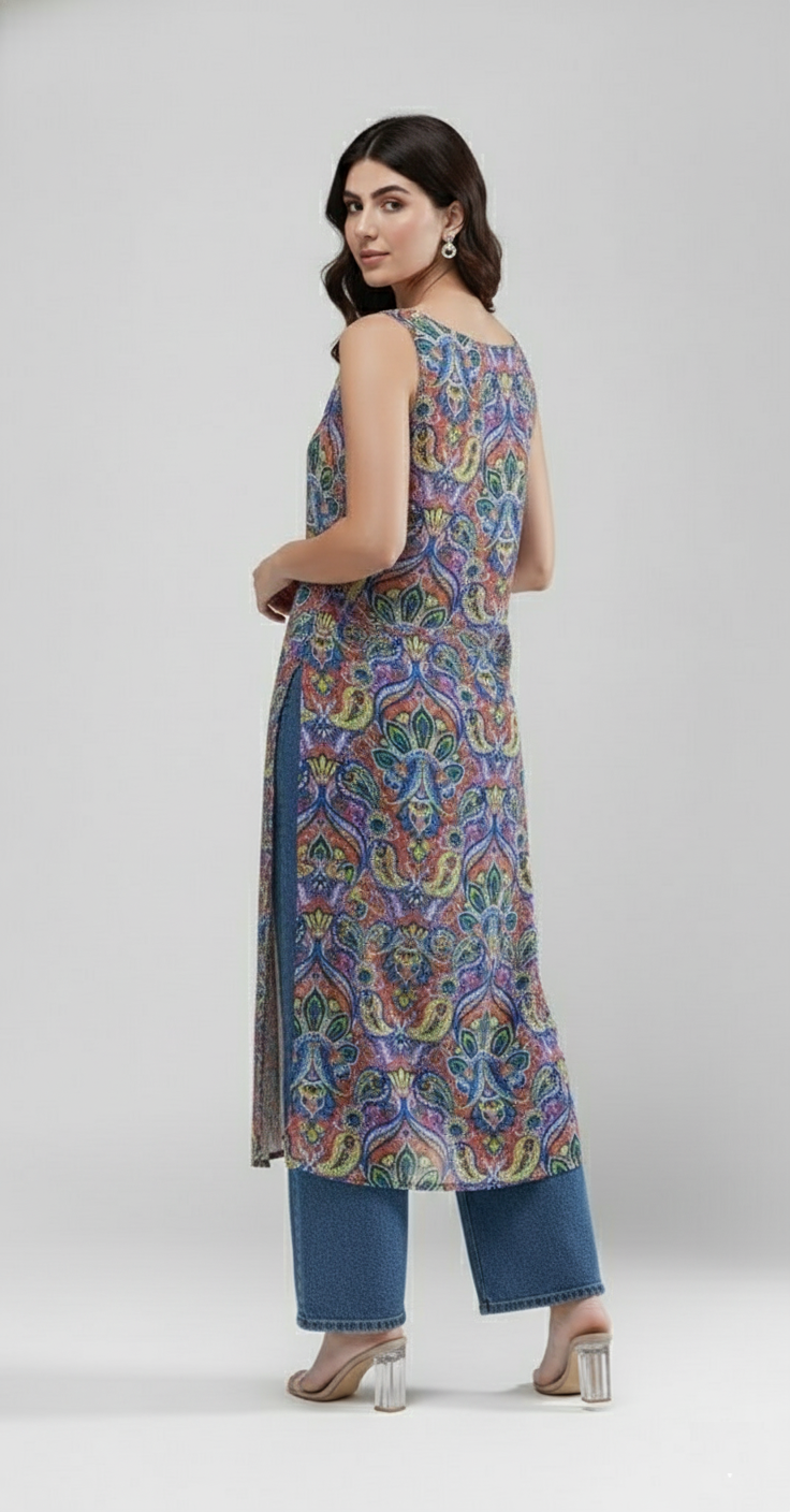 Indigo Bloom Longline Kurti (Paisley Print)