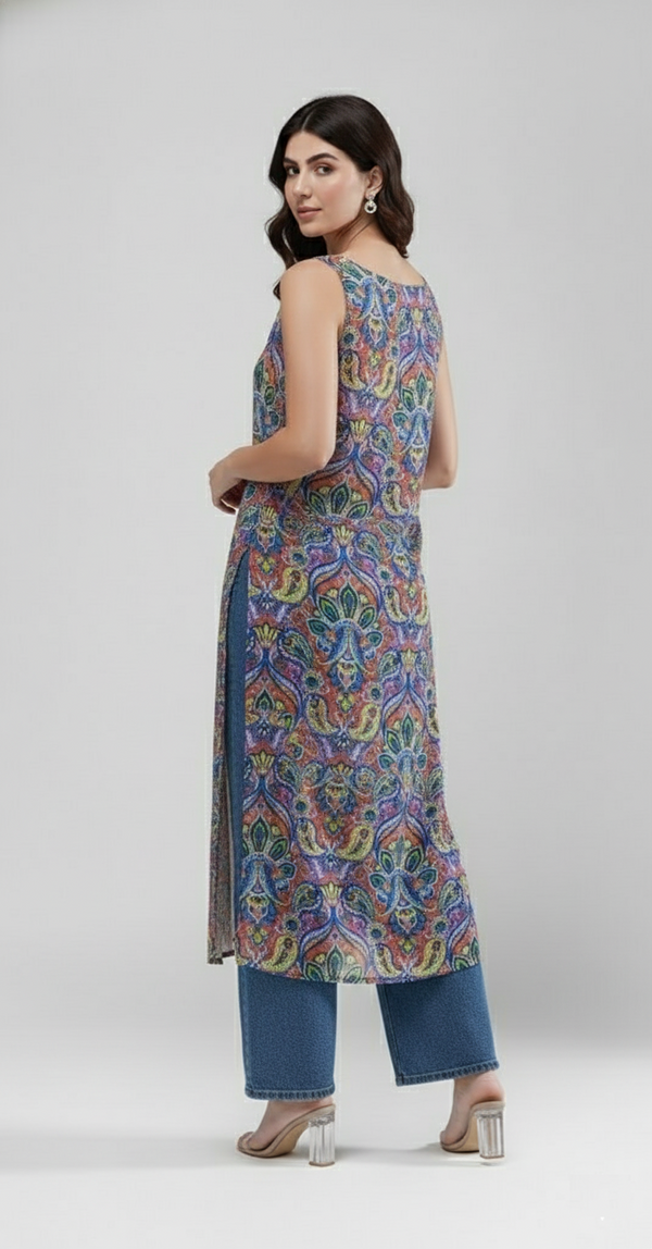 Indigo Bloom Longline Kurti (Paisley Print)