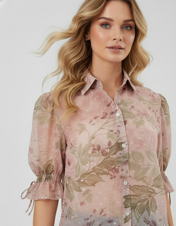 Multicolor Floral Puff Sleeve Shirt (Pastel Floral)