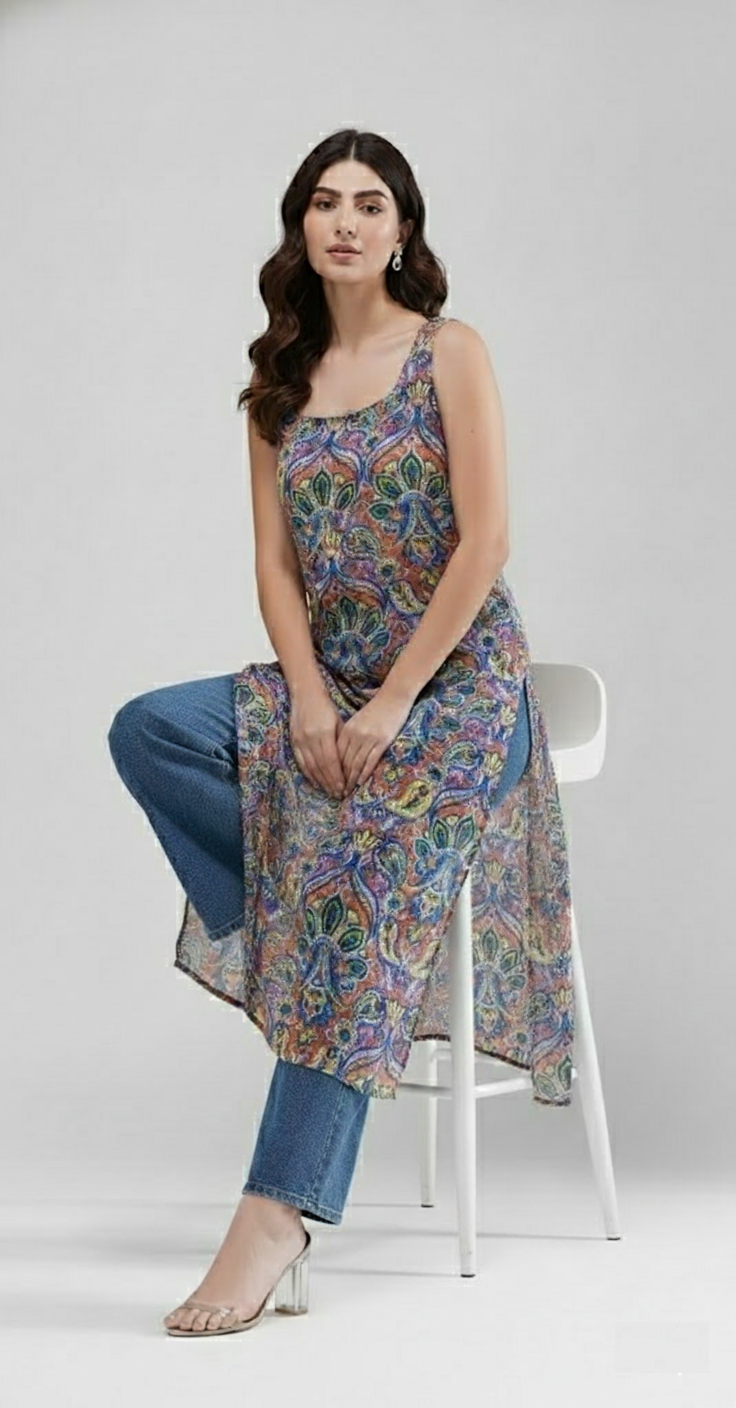 Indigo Bloom Longline Kurti (Paisley Print)