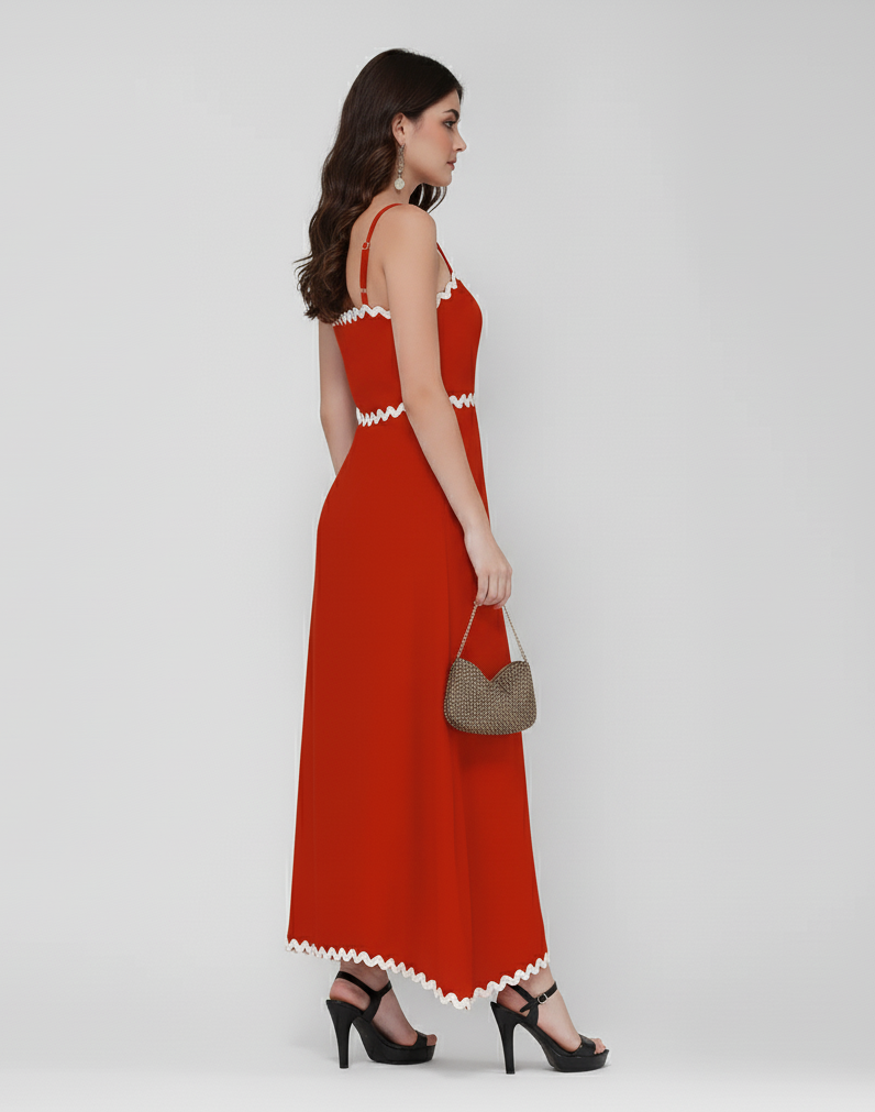 Wave Trim Spaghetti Maxi Dress (Red)