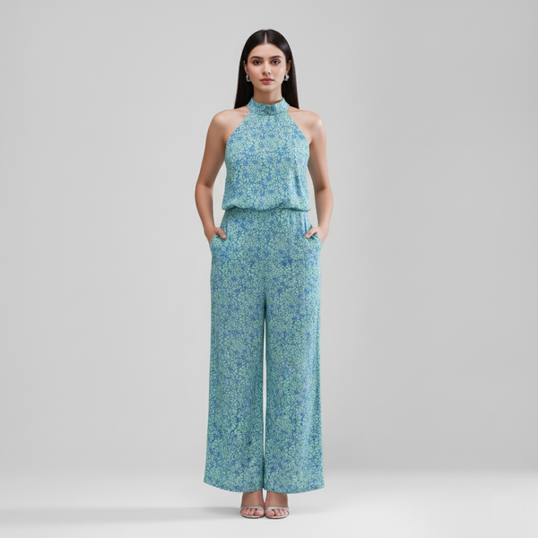 Tropical Vibes Halter Jumpsuit (Blue Mint Floral)