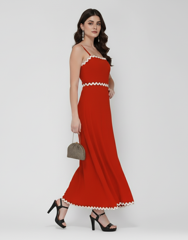 Wave Trim Spaghetti Maxi Dress (Red)