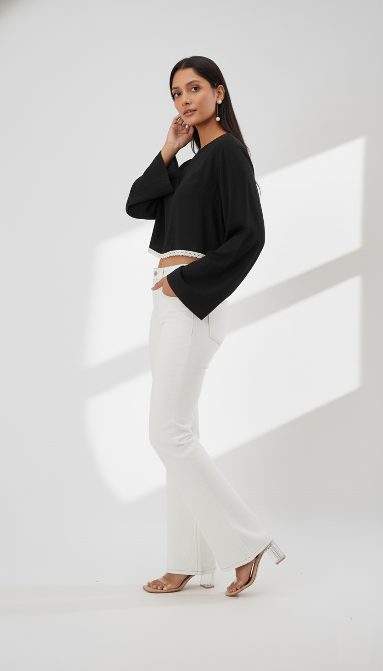 Bloom Bell Sleeve Crop Top (Black)